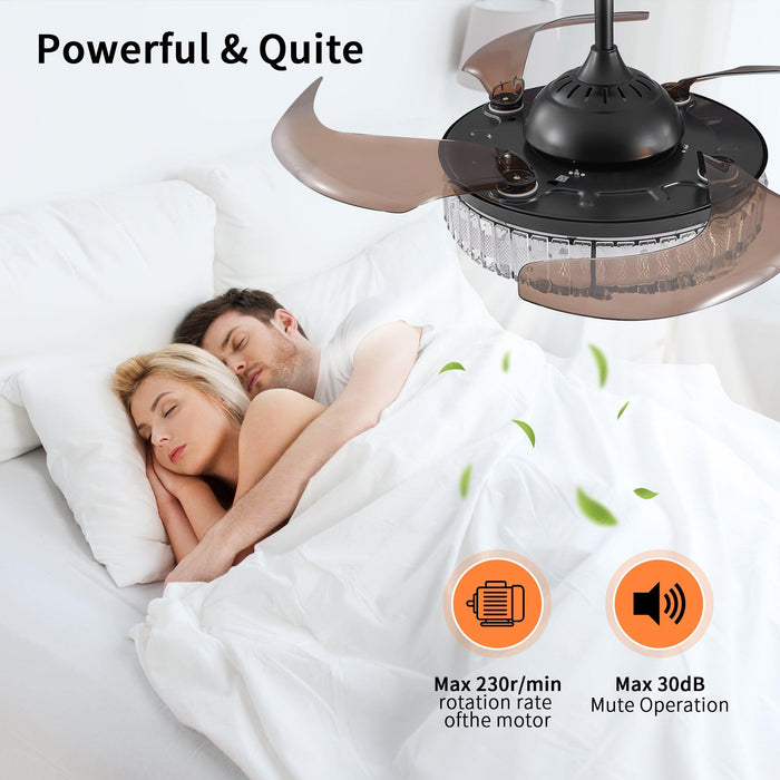 Contemporary LED Retractable Ceiling Fan with Light and Remote Control, Quiet Reversible Motor,4 Blades Modern Ceiling Fans for Kitchen Bedroom Dining Room Patio