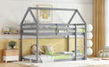 Twin over Twin Rubber Wood Floor Bunk Bed, with ladder,Guardrails,House-Shaped-Bunk Bed,Grey - DTYStore
