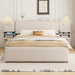 Queen Size Upholstered Platform Bed with Reading Lights, Drawers, Trundle and Shelves, Beige - DTYStore