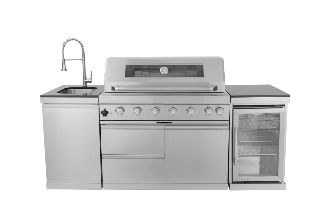 44-Inch 6-Burner 85000 BTU Deluxe Stainless Steel Gas Outdoor Kitchen Bar Barbecue Island Grill + Wine Cooler Compact Refrigerator + Rotisserie + Granite Countertops + Storage Cabinets & Drawers Default -DTYStore