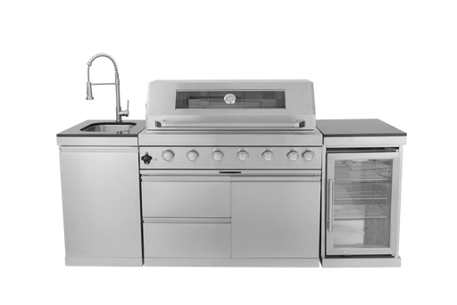 44-Inch 6-Burner 85000 BTU Deluxe Stainless Steel Gas Outdoor Kitchen Bar Barbecue Island Grill + Wine Cooler Compact Refrigerator + Rotisserie + Granite Countertops + Storage Cabinets & Drawers Default -DTYStore