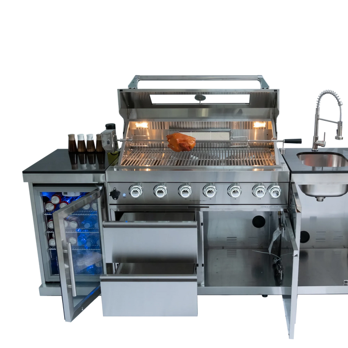 44-Inch 6-Burner 85000 BTU Deluxe Stainless Steel Gas Outdoor Kitchen Bar Barbecue Island Grill + Wine Cooler Compact Refrigerator + Rotisserie + Granite Countertops + Storage Cabinets & Drawers Default -DTYStore