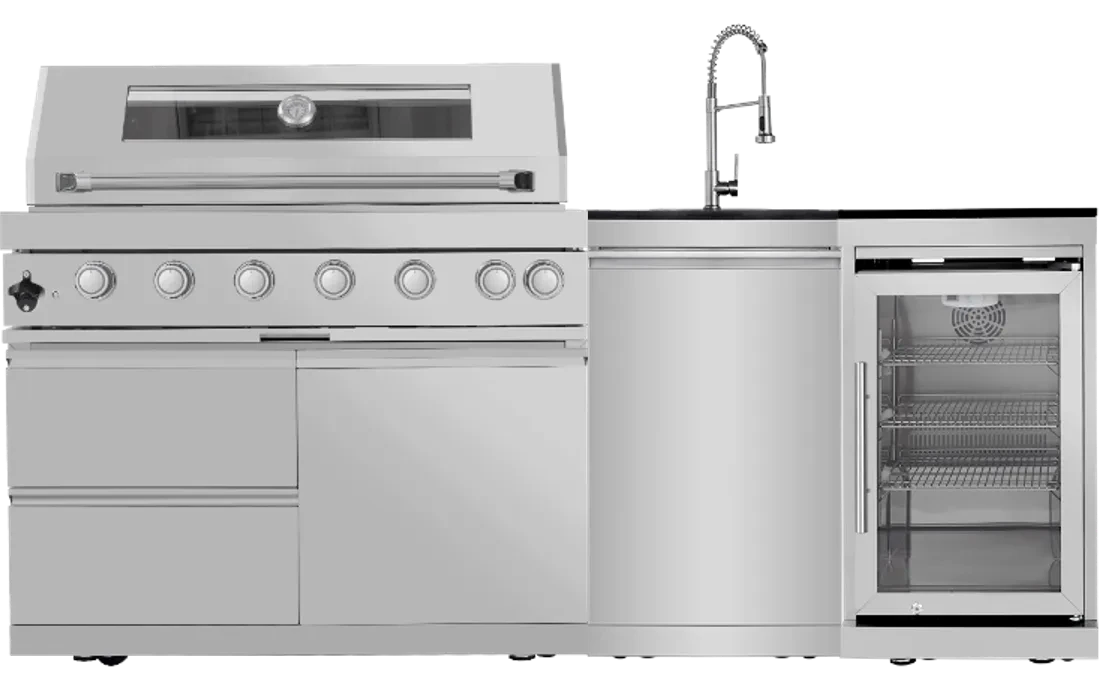 44-Inch 6-Burner 85000 BTU Deluxe Stainless Steel Gas Outdoor Kitchen Bar Barbecue Island Grill + Wine Cooler Compact Refrigerator + Rotisserie + Granite Countertops + Storage Cabinets & Drawers Default -DTYStore