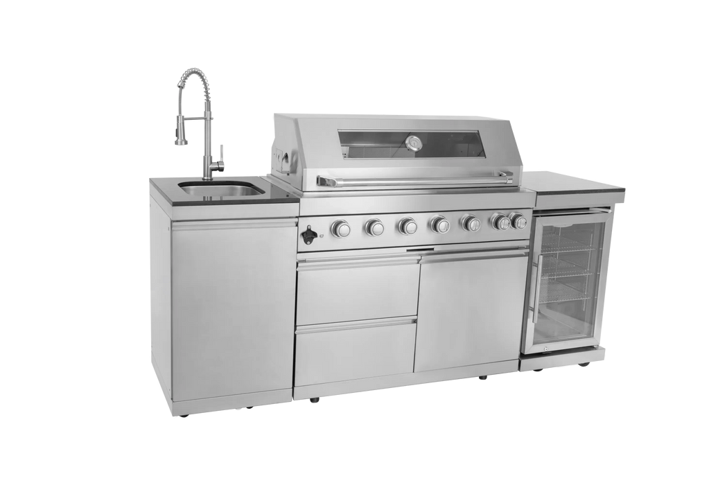 44-Inch 6-Burner 85000 BTU Deluxe Stainless Steel Gas Outdoor Kitchen Bar Barbecue Island Grill + Wine Cooler Compact Refrigerator + Rotisserie + Granite Countertops + Storage Cabinets & Drawers Default -DTYStore