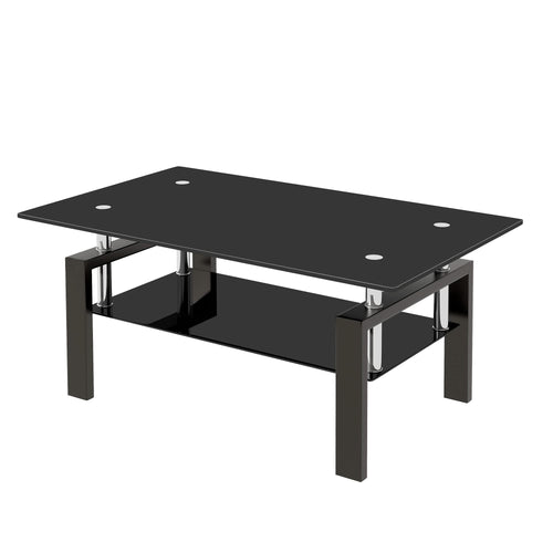 Modern Tempered Black Glass Coffee Table with 2-Layers and Waterfall Edges for Living Room - Image 1