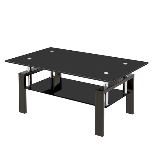 Modern Tempered Black Glass Coffee Table with 2-Layers and Waterfall Edges for Living Room