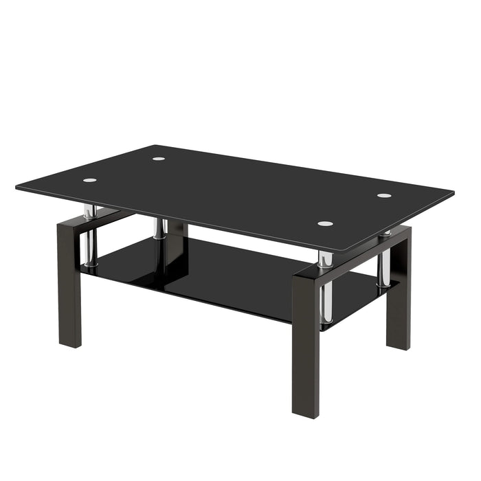 Modern Tempered Black Glass Coffee Table with 2-Layers and Waterfall Edges for Living Room