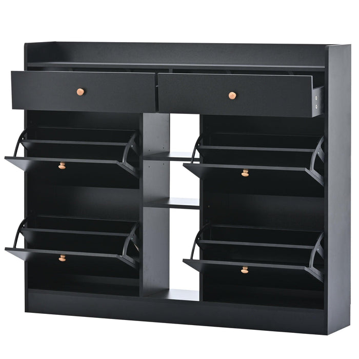 Modern Tipping Bucket Shoe Cabinet with 4 Flip Drawers, Multifunctional 2-Tier Shoe Storage Organizer with Drawers, Free Standing Shoe Rack for Entrance Hallway, Black. - DTYStore