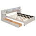 Queen Size Upholstered Platform Bed with Reading Lights, Drawers, Trundle and Shelves, Beige - DTYStore