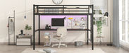 Metal Full XL Size Loft Bed with Power Outlet and LED Lighted, Space-Saving, Noise Reduced, Black - DTYStore