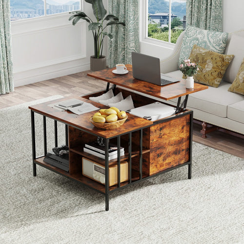 Farmhouse Lift Top Coffee Table with Storage - 31.5' Adjustable Height Living Room Table, Multifunctional Center for Family with Hidden Compartment & 3 Shelves(110lbs Capacity, Easy to Clean) - Image 2