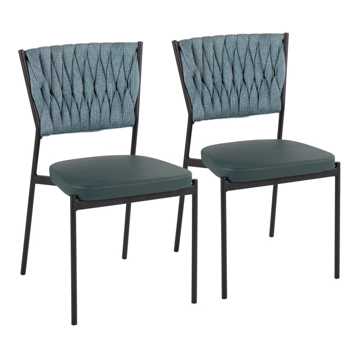 Braided Tania Contemporary Chair in Black Metal, Green Faux Leather, and Sea Green Fabric by LumiSource - Set of 2 - DTYStore