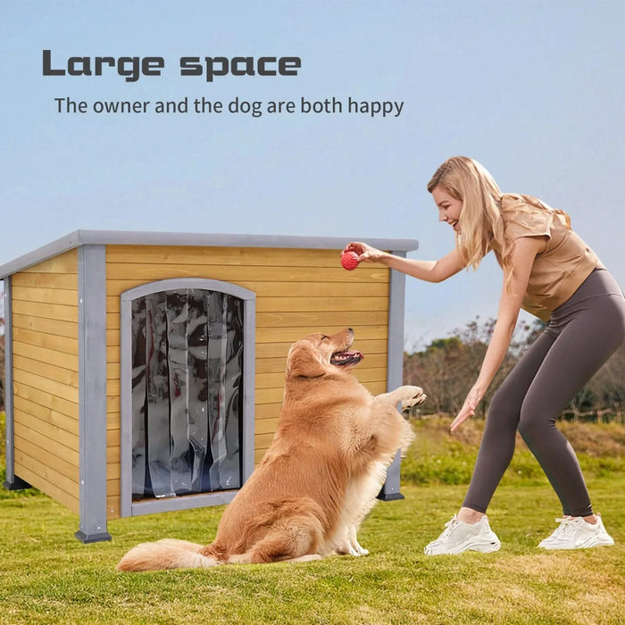 45' winter warm outdoor indoor dog house, made of solid wood, plastic curtain, insulation mat. Default -DTYStore