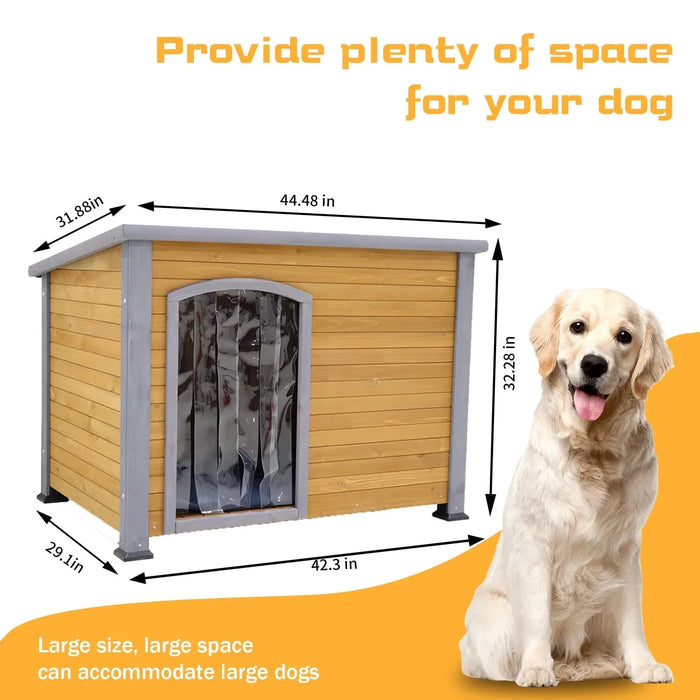 45' winter warm outdoor indoor dog house, made of solid wood, plastic curtain, insulation mat. Default -DTYStore
