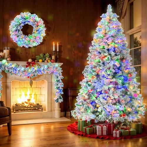 6FT Snow Flocked Christmas Tree, Pre-Lit Set with Tree & Garland & Wreath, Artificial Hinged Xmas Tree with Colorful LED Lights, 8 Lighting Modes, Pine Cones, Holiday Décor for Home - Image 3