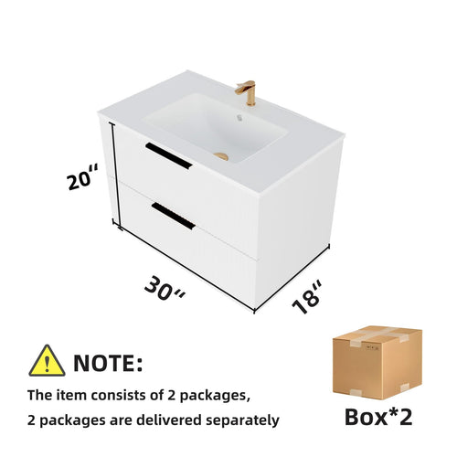 30 Inch Bathroom Vanity Cabinet With Ceramic Sink - White Wall Mounted Floating Fluted Vanity With Drawers, Modern - Image 8