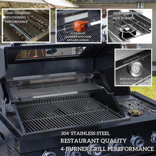 46-Inch 4-Burner 72000 BTU Deluxe Stainless Steel Gas Outdoor Kitchen Bar Barbecue Island Grill + Wine Cooler Compact Refrigerator + Rotisserie + Granite Countertops + Storage Cabinets & Drawers Default -DTYStore