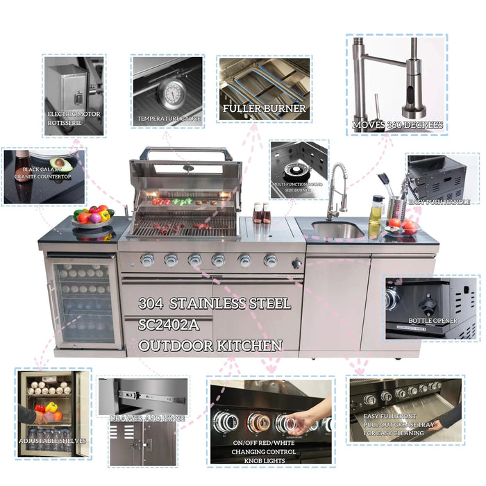 46-Inch 4-Burner 72000 BTU Deluxe Stainless Steel Gas Outdoor Kitchen Bar Barbecue Island Grill + Wine Cooler Compact Refrigerator + Rotisserie + Granite Countertops + Storage Cabinets & Drawers Default -DTYStore