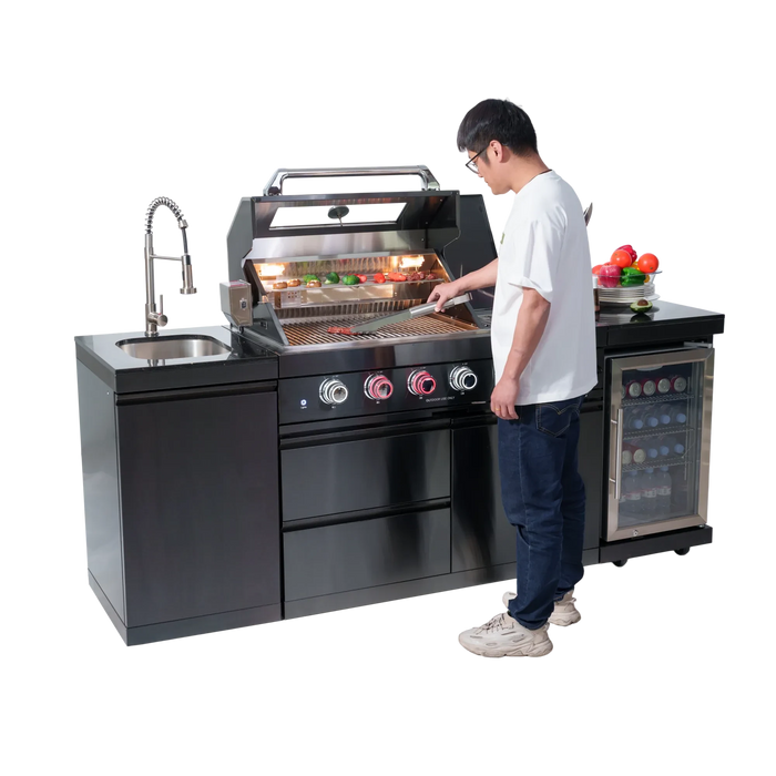 46-Inch 4-Burner 72000 BTU Deluxe Stainless Steel Gas Outdoor Kitchen Bar Barbecue Island Grill + Wine Cooler Compact Refrigerator + Rotisserie kit + Granite Countertops + Stainless steel Sink Default -DTYStore