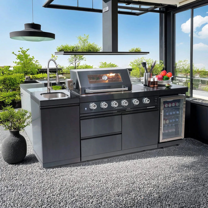 46-Inch 4-Burner 72000 BTU Deluxe Stainless Steel Gas Outdoor Kitchen Bar Barbecue Island Grill + Wine Cooler Compact Refrigerator + Rotisserie kit + Granite Countertops + Stainless steel Sink Default -DTYStore