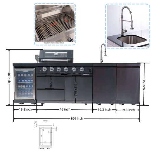 46-Inch 4-Burner 72000 BTU Deluxe Stainless Steel Gas Outdoor Kitchen Bar Barbecue Island Grill + Wine Cooler Compact Refrigerator + Rotisserie kit + Granite Countertops + Stainless steel Sink Default -DTYStore