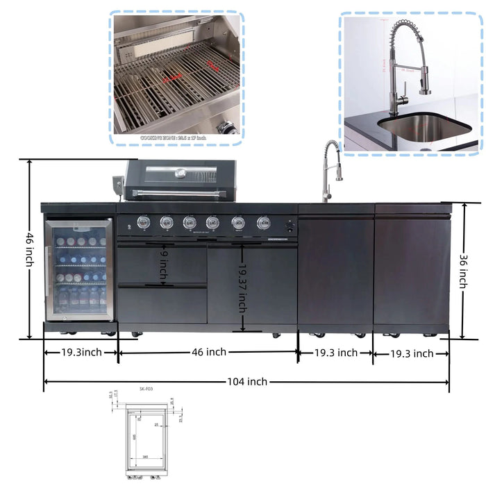 46-Inch 4-Burner 72000 BTU Deluxe Stainless Steel Gas Outdoor Kitchen Bar Barbecue Island Grill + Wine Cooler Compact Refrigerator + Rotisserie kit + Granite Countertops + Stainless steel Sink Default -DTYStore