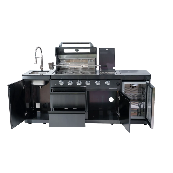 46-Inch 4-Burner 72000 BTU Deluxe Stainless Steel Gas Outdoor Kitchen Bar Barbecue Island Grill + Wine Cooler Compact Refrigerator + Rotisserie kit + Granite Countertops + Stainless steel Sink Default -DTYStore