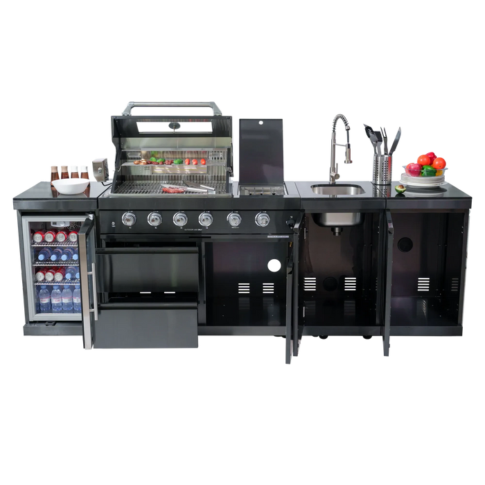 46-Inch 4-Burner 72000 BTU Deluxe Stainless Steel Gas Outdoor Kitchen Bar Barbecue Island Grill + Wine Cooler Compact Refrigerator + Rotisserie kit + Granite Countertops + Stainless steel Sink Default -DTYStore