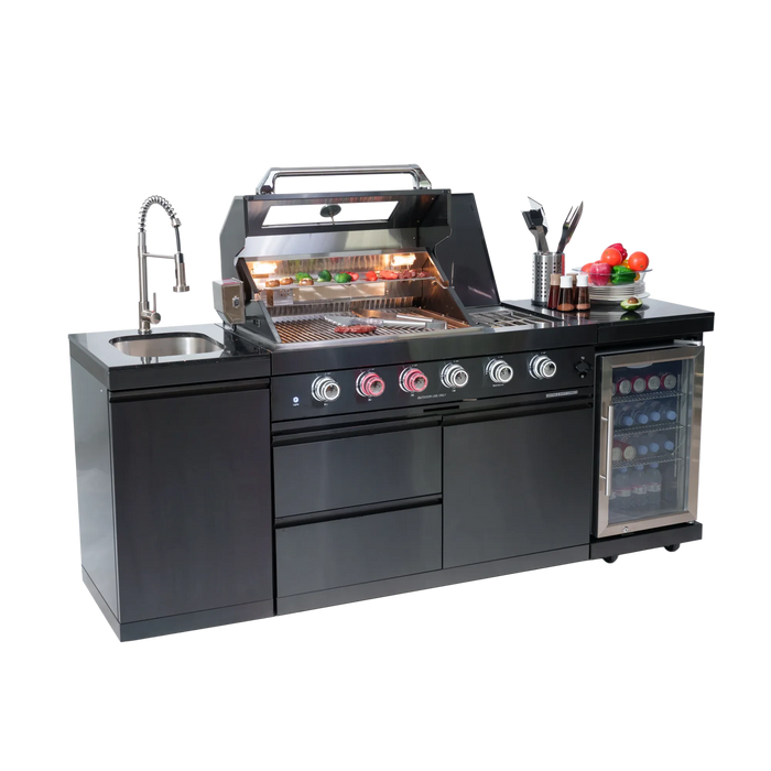 46-Inch 4-Burner 72000 BTU Deluxe Stainless Steel Gas Outdoor Kitchen Bar Barbecue Island Grill + Wine Cooler Compact Refrigerator + Rotisserie kit + Granite Countertops + Stainless steel Sink Default -DTYStore