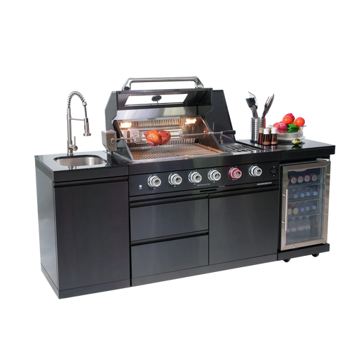 46-Inch 4-Burner 72000 BTU Deluxe Stainless Steel Gas Outdoor Kitchen Bar Barbecue Island Grill + Wine Cooler Compact Refrigerator + Rotisserie kit + Granite Countertops + Stainless steel Sink Default -DTYStore