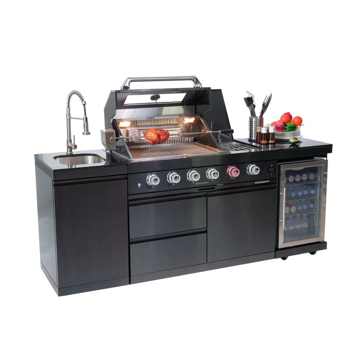 46-Inch 4-Burner 72000 BTU Deluxe Stainless Steel Gas Outdoor Kitchen Bar Barbecue Island Grill + Wine Cooler Compact Refrigerator + Rotisserie kit + Granite Countertops + Stainless steel Sink Default -DTYStore