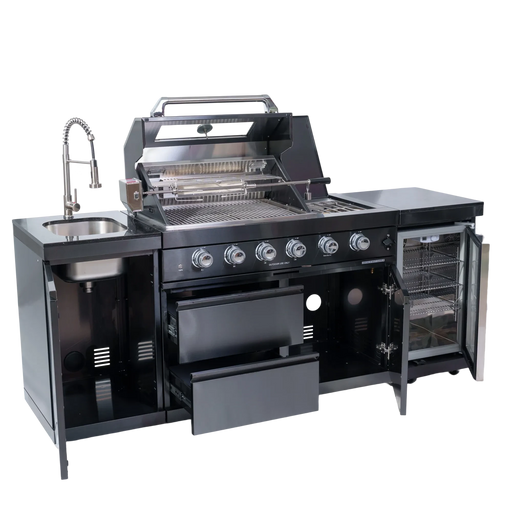 46-Inch 4-Burner 72000 BTU Deluxe Stainless Steel Gas Outdoor Kitchen Bar Barbecue Island Grill + Wine Cooler Compact Refrigerator + Rotisserie kit + Granite Countertops + Stainless steel Sink Default -DTYStore