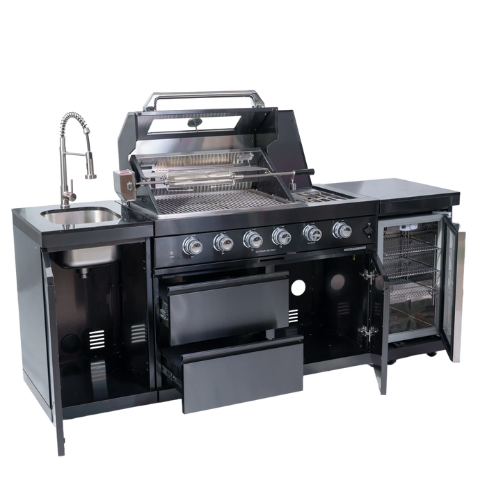 46-Inch 4-Burner 72000 BTU Deluxe Stainless Steel Gas Outdoor Kitchen Bar Barbecue Island Grill + Wine Cooler Compact Refrigerator + Rotisserie kit + Granite Countertops + Stainless steel Sink Default -DTYStore