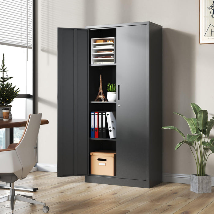 71"H Metal Garage Storage Cabinet, Black Tool Steel Locking Cabinet with Doors and 3 Shelves, Tall Cabinets for Garage Storage Systems Lockable File Cabinet for Home Office, Classroom/Pantry - DTYStore