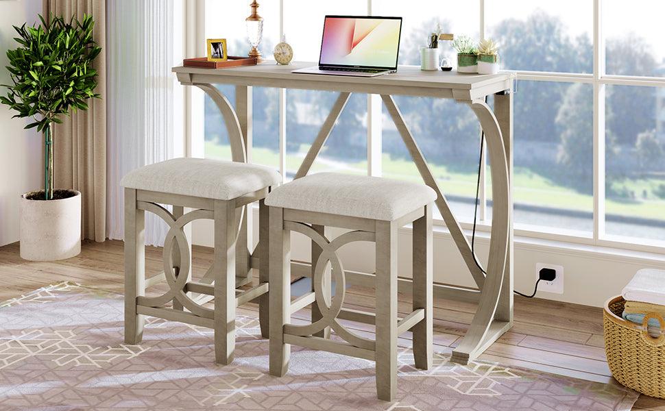 Farmhouse 3-Piece Counter Height Dining Table Set with USB Port and Upholstered Stools,Cream - DTYStore