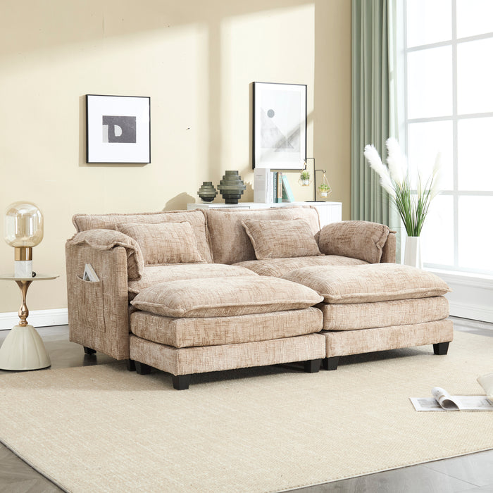 UNITED WE WIN Chenille fabric, solid construction, the overall structure of the sofa is stable, detachable armrests, two foot stools and two-seat sofa with side pockets