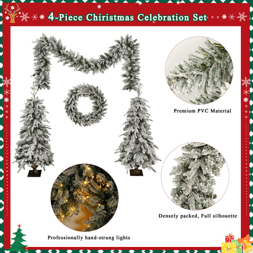 Pre-lit Christmas Artificial Tree 4-Piece Set, Garland, Wreath and Set of 2 Entrance Trees, X-mas with LED Lights, PVC Festival Celebration Set, Green - Image 6