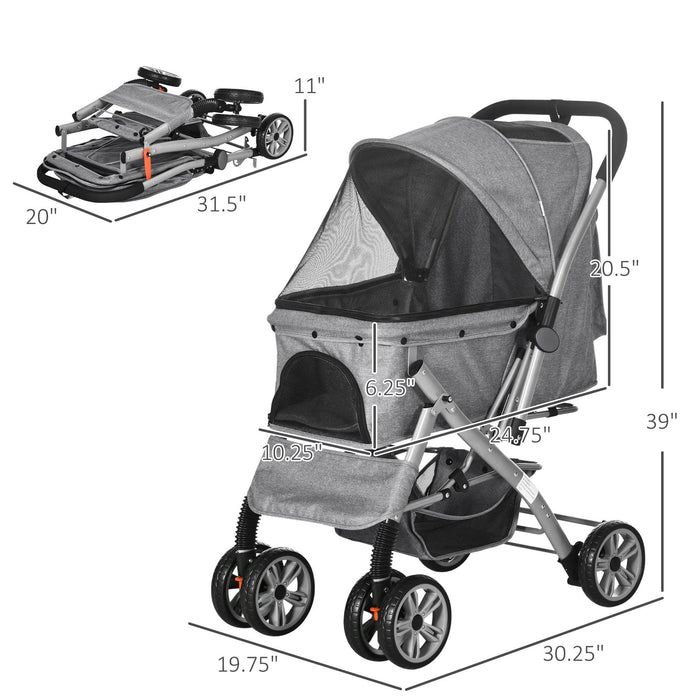 Travel Pet Stroller for Dogs, Cats, One-Click Fold Jogger Pushchair with Swivel Wheels, Braket, Basket Storage, Safety Belts, Adjustable Canopy, Zippered Mesh Window Door, Grey