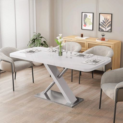 47.25''-63'' Modern White Glossy Dining Table for 4-6 People, Extendable Dining Table with Crossed Metal Base and Stainless Steel Tubes, Large Dining Table White(Same SKU:W757P160404) Default -DTYStore