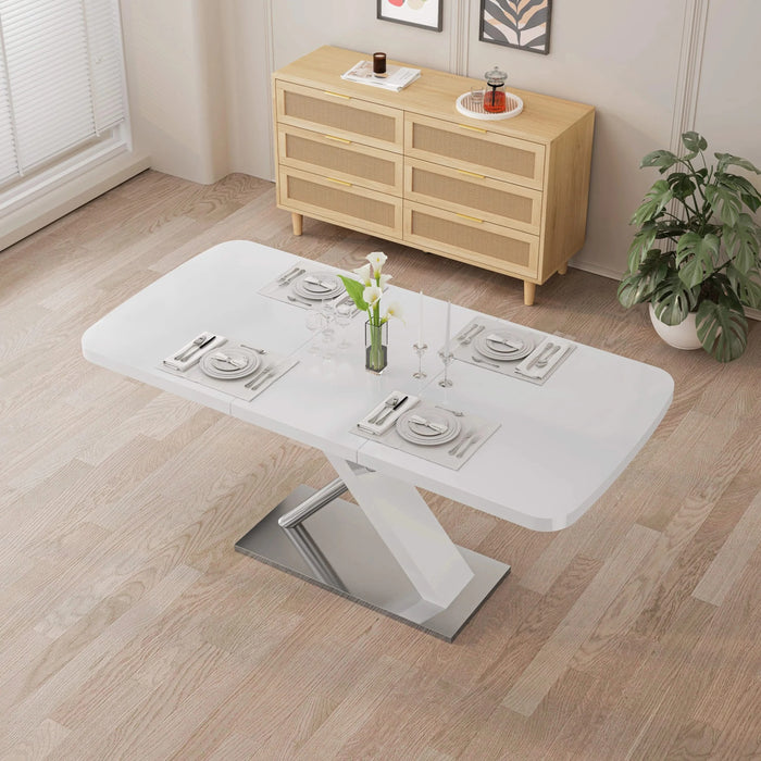 47.25''-63'' Modern White Glossy Dining Table for 4-6 People, Extendable Dining Table with Crossed Metal Base and Stainless Steel Tubes, Large Dining Table White(Same SKU:W757P160404) Default -DTYStore