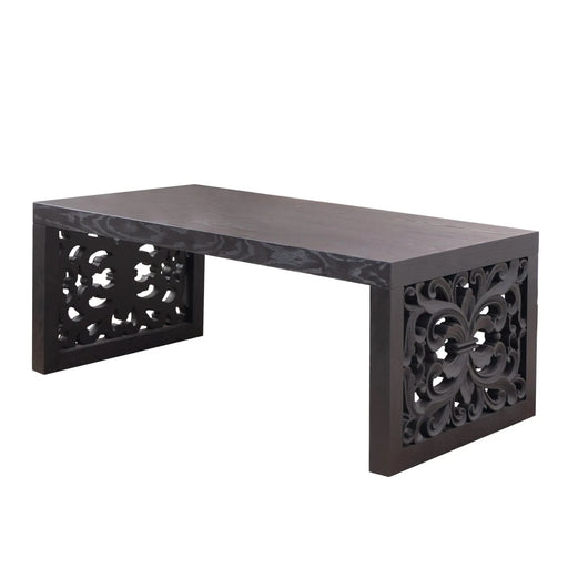 47.2' Solid Black Carved Wood Coffee Table – Handcrafted Look with Ornate Side Panels Default -DTYStore