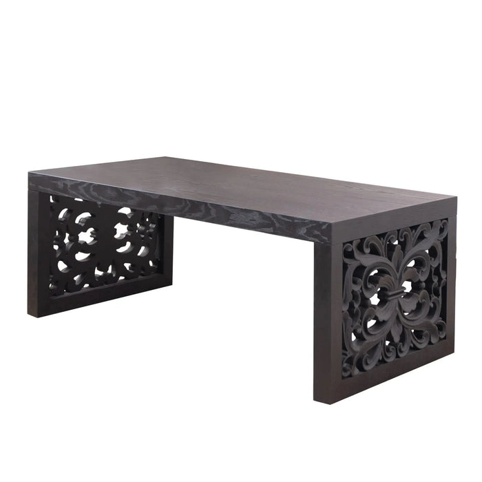 47.2' Solid Black Carved Wood Coffee Table – Handcrafted Look with Ornate Side Panels Default -DTYStore