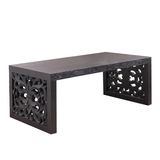 47.2' Solid Black Carved Wood Coffee Table – Handcrafted Look with Ornate Side Panels Default -DTYStore