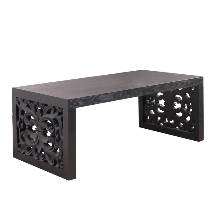 47.2' Solid Black Carved Wood Coffee Table – Handcrafted Look with Ornate Side Panels Default -DTYStore