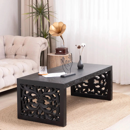 47.2' Solid Black Carved Wood Coffee Table – Handcrafted Look with Ornate Side Panels Default -DTYStore