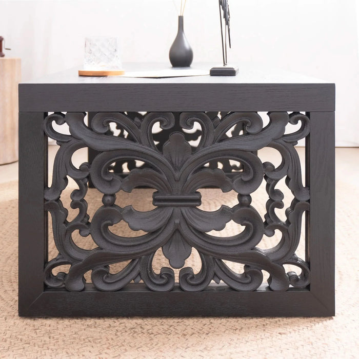 47.2' Solid Black Carved Wood Coffee Table – Handcrafted Look with Ornate Side Panels Default -DTYStore