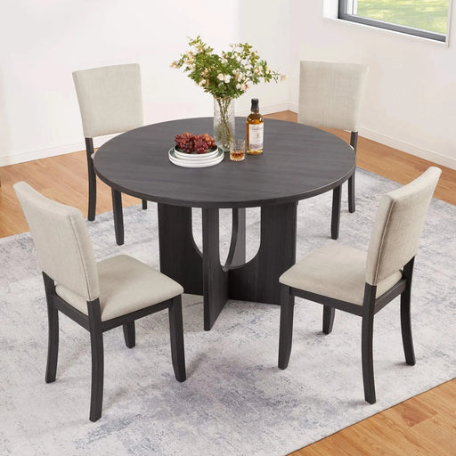 47.3' Round Dining Set with 4 Upholstered Dining Chairs, Modern Round Dining Table Set for 4, 5-Piece Round Dining Table Set for Living Room, Kitchen, Antique Black & Beige Default -DTYStore