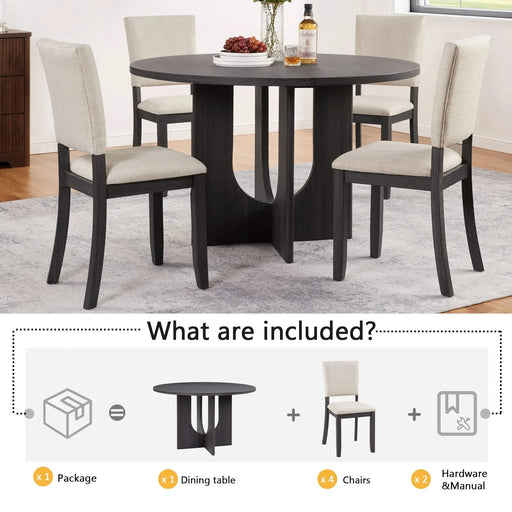 47.3' Round Dining Set with 4 Upholstered Dining Chairs, Modern Round Dining Table Set for 4, 5-Piece Round Dining Table Set for Living Room, Kitchen, Antique Black & Beige Default -DTYStore