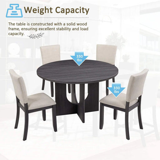 47.3' Round Dining Set with 4 Upholstered Dining Chairs, Modern Round Dining Table Set for 4, 5-Piece Round Dining Table Set for Living Room, Kitchen, Antique Black & Beige Default -DTYStore
