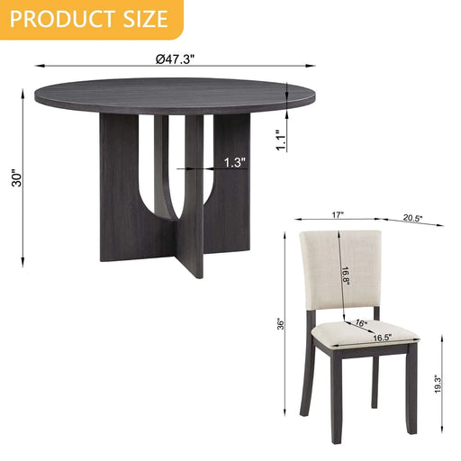 47.3' Round Dining Set with 4 Upholstered Dining Chairs, Modern Round Dining Table Set for 4, 5-Piece Round Dining Table Set for Living Room, Kitchen, Antique Black & Beige Default -DTYStore
